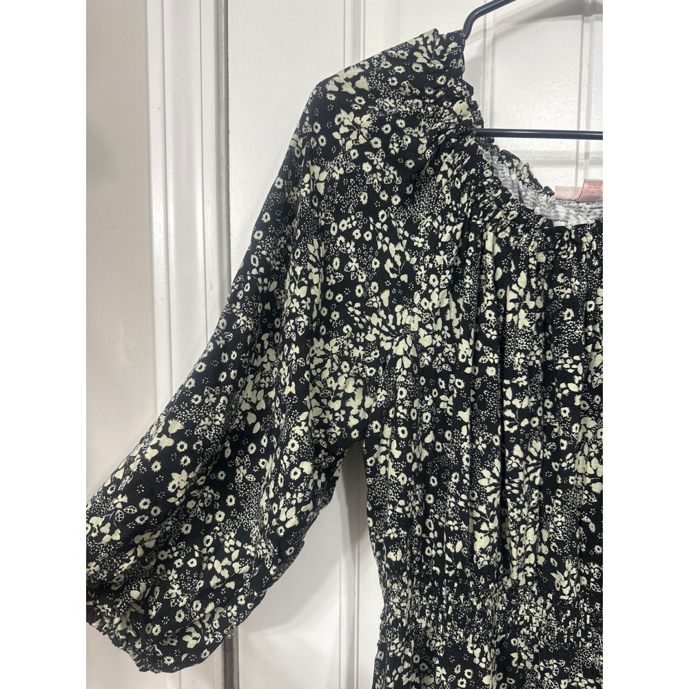 Knox Rose Black Green Floral Smocked Waist Midi Dress Womens Medium Boho Ruffle - Picture 2 of 12